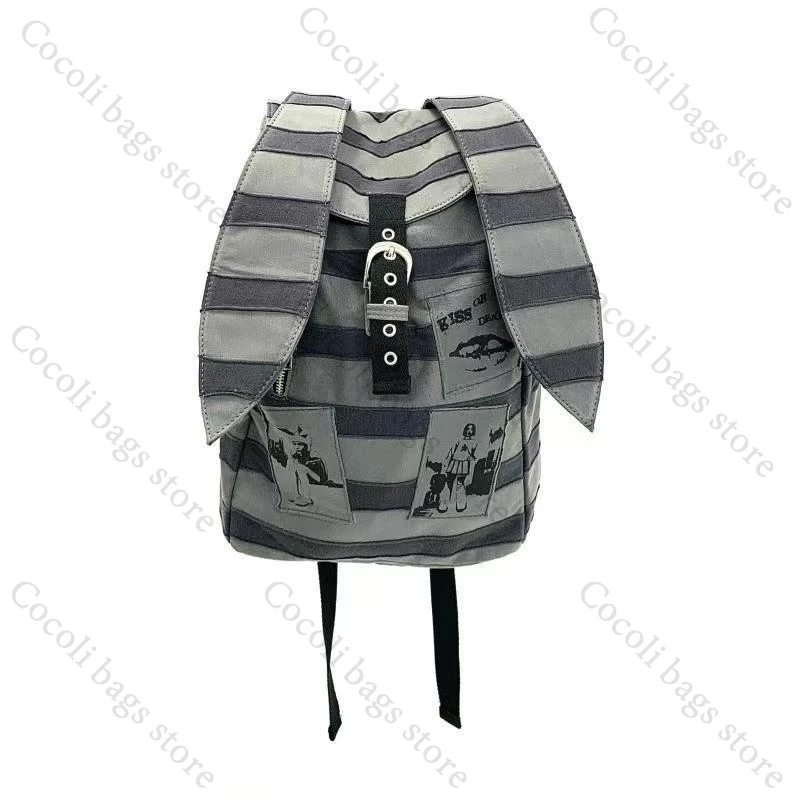 Kaninchen Ohr Dekor Rucksack Gestreiften Punk Stil Taschen Harajuku Rucksack für Männer Frauen Große Kapazität Rucksack Y2K Rucksack