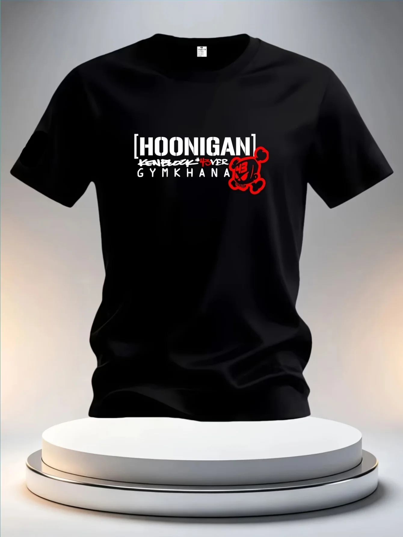 Men's Fashion Street Style Casual Trendy Printed T-Shirt HOONIGAN Ken Block 43 Drift Course Racing Style and Crossbones Pattern
