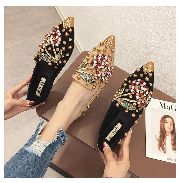 Woman Flats Shoes Rhinestone Cherry Spring New Female Metal Pointed Toe Casaul Shoes Comfortable Flats Loafers Shoes Plus Size43