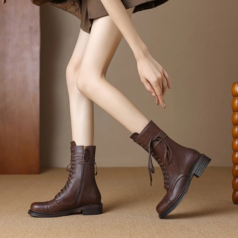 NEW Autumn Women Boots Genuine Leather Shoes for Women Round Toe Chunky Heel Shoes Zipper Short Boots Lace-up Designer Boots