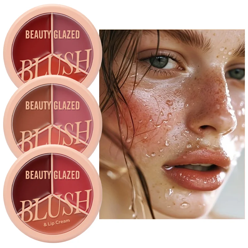 3-color blush palette-cream 2-in-1 multifunctional facial lip makeup, berry, pink, red waterproof