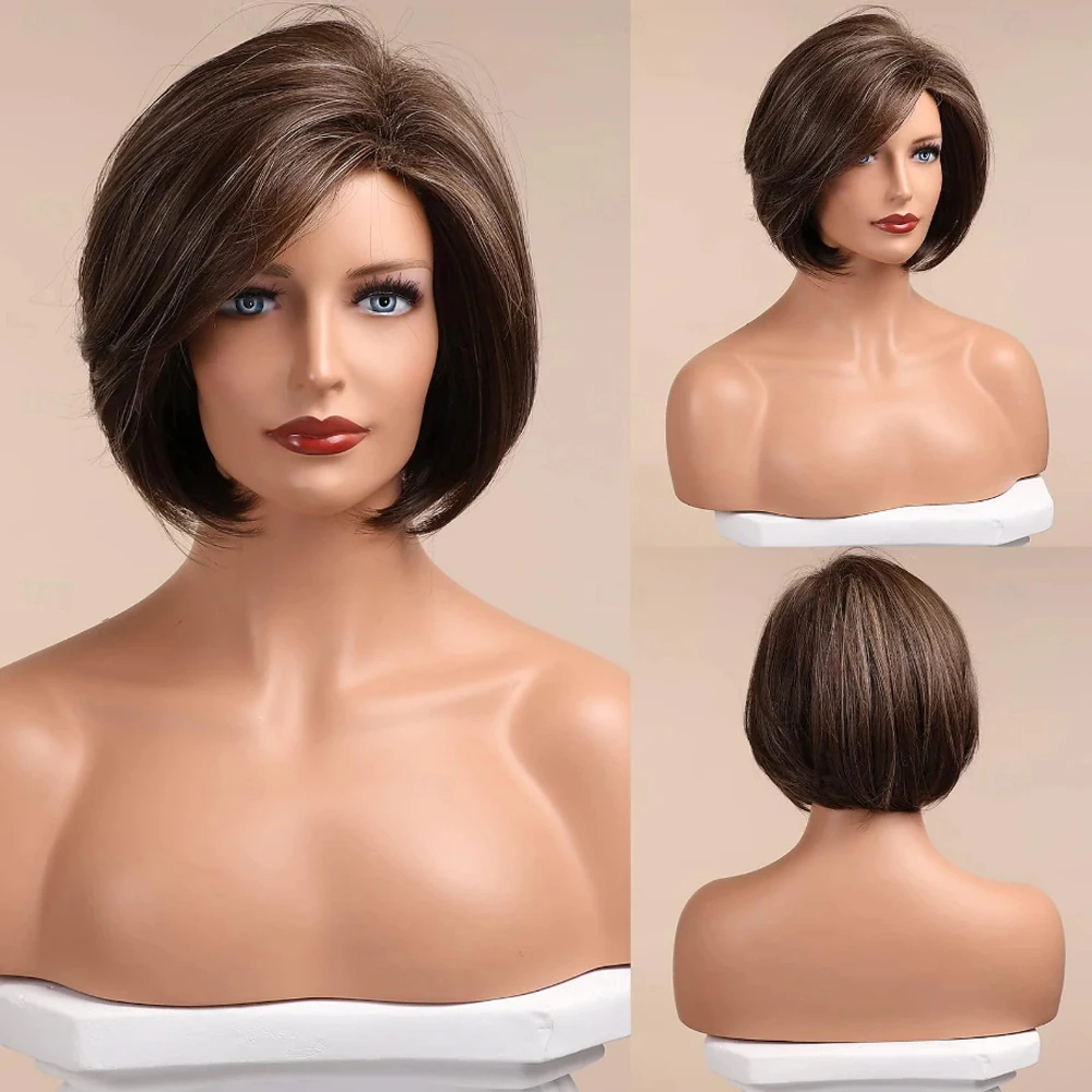 HAIRJOY  Synthetic Hair Brown Bob Wig Short Hair Wigs for Women Highlight Mixed Blonde Heat Resistant Fibre Synthetic Wig