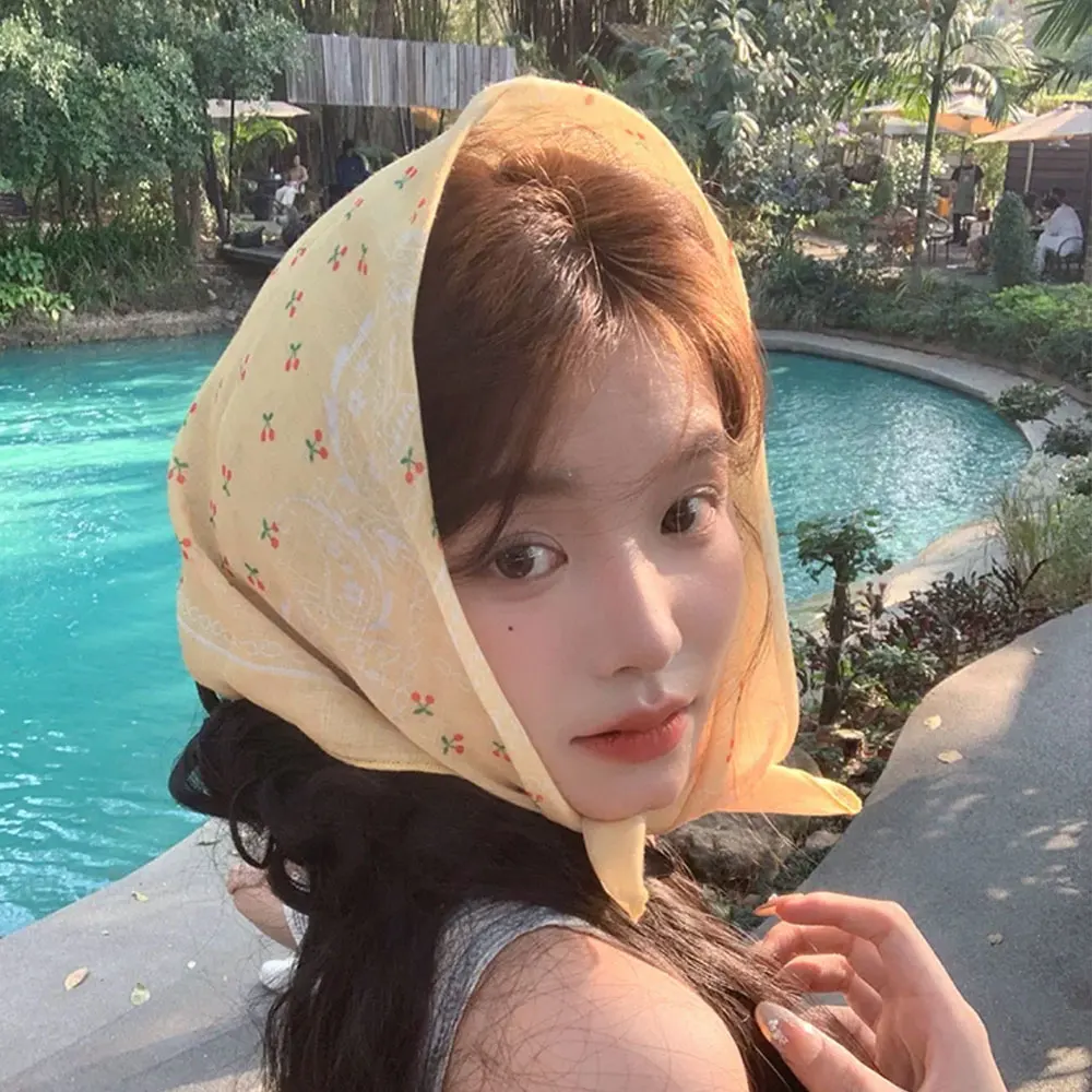 

Fashion Cherry Print Bandana Summer Women Sweet Multifunctional Scarf Cute Headband Hair Accessory For Photography Travel