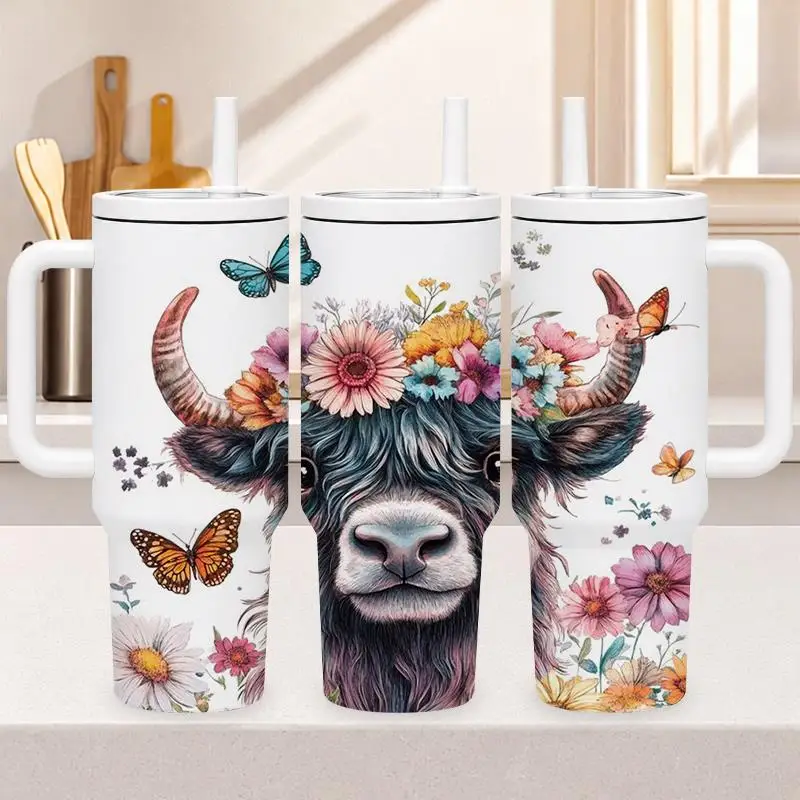 1pc 40oz 304 Stainless Steel Hand-held Cup Highland Cow Floral Butterfly Print Insulated Tumbler with Handle And Straw for Home Office Travel Outdoor Suitable Gifts for Halloween Christmas And Other Special Festivals