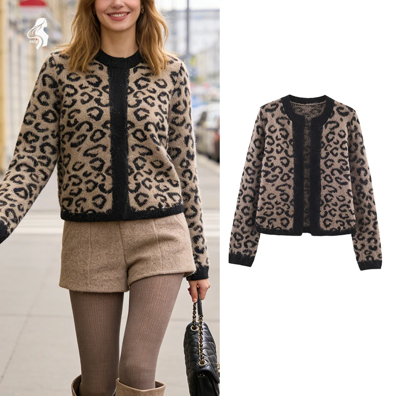 

Womens Leopard Print Crew Neck Color Block Knit Cardigan Fashionable Casual Jacket For Work And Dates In Spring And Autumn Tops