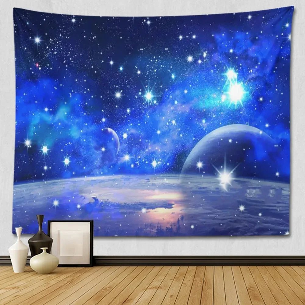 Blue starry sky and moon pattern galaxy universe hanging cloth home decoration wall tapestry living room background cloth