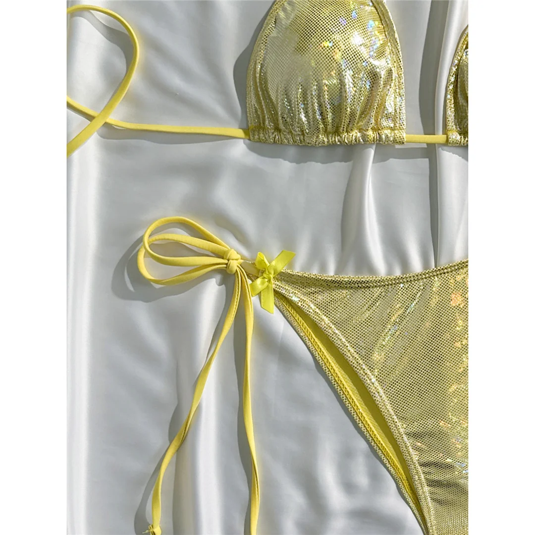 Glitzernder, funkelnder Neckholder-Bikini, Damen-Badebekleidung, zweiteiliger Bikini-Set, Badeanzug mit hohem Beinausschnitt, Badeanzug, Schwimmanzug V7269 – Detail 25