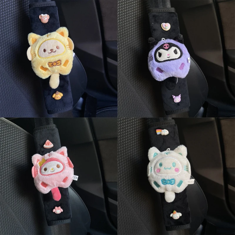 Gradient Sanrio Car Seat Belt Cover Plush Hello Kitty Kuromi Melody Auto Seat Belt Shoulder Protector Pad Car Interior