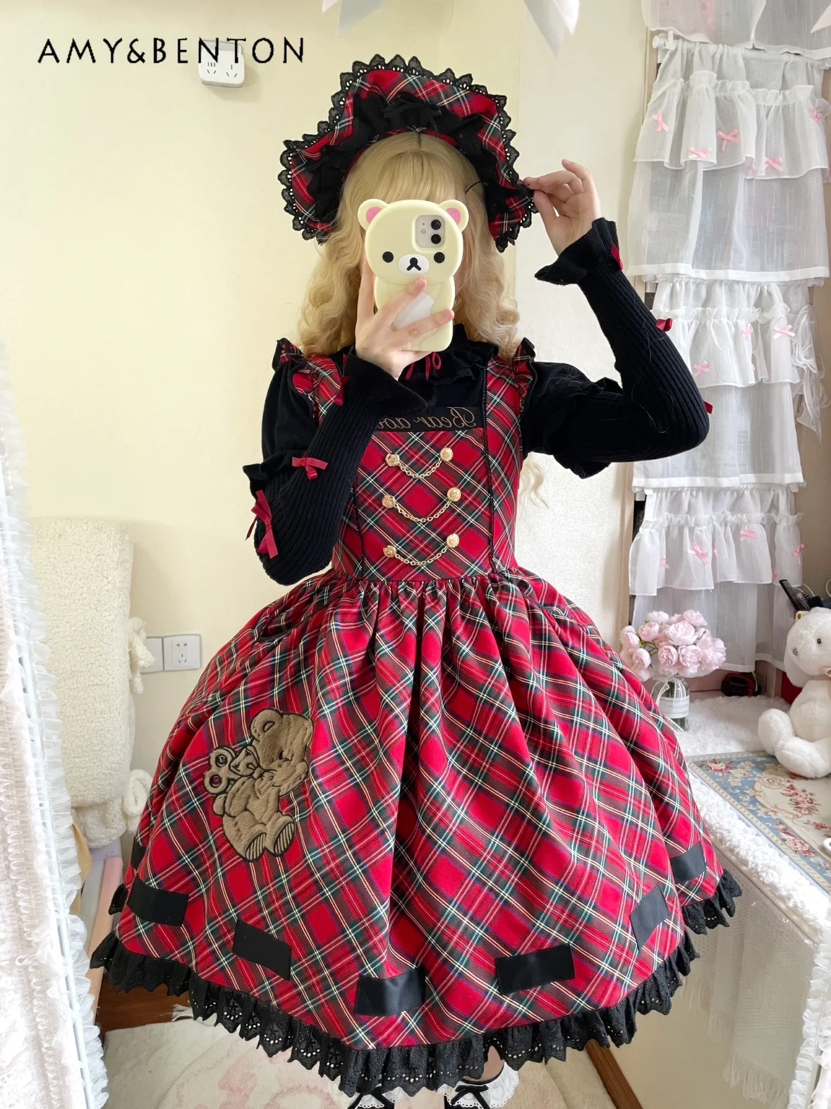 

Red Christmas New Year Lolita Sets Cute Cartoon Embroidery JSK Strap Puff Dress Doll Collar Embroidery Inner Top Two Piece Set