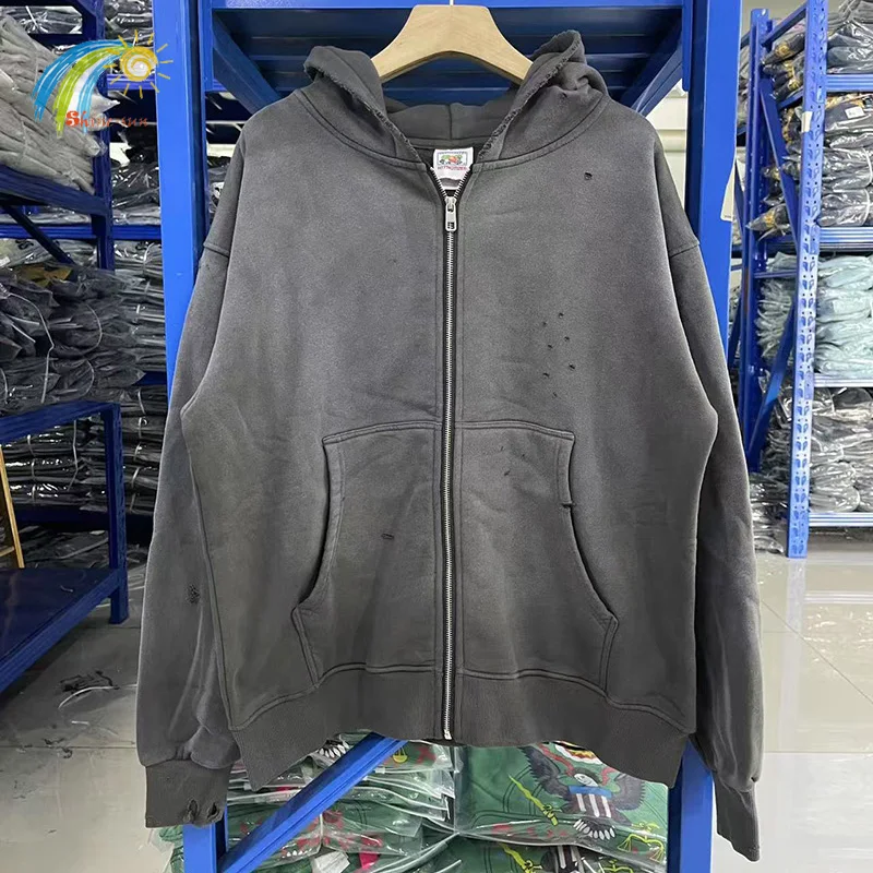 25FW 100% القطن المتضخم خمر غسلها أسود رمادي التالفة هول معاطف الرجال النساء موضة عادية سانت قلنسوة بسحاب مقنعين