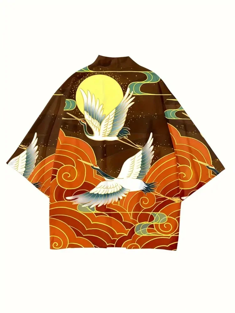 Kardigan Kimono Gaya Jalanan Jepang Klasik Tradisional Motif Burung Bangau Kasual Longgar Kardigan Lengan Pendek Kimono