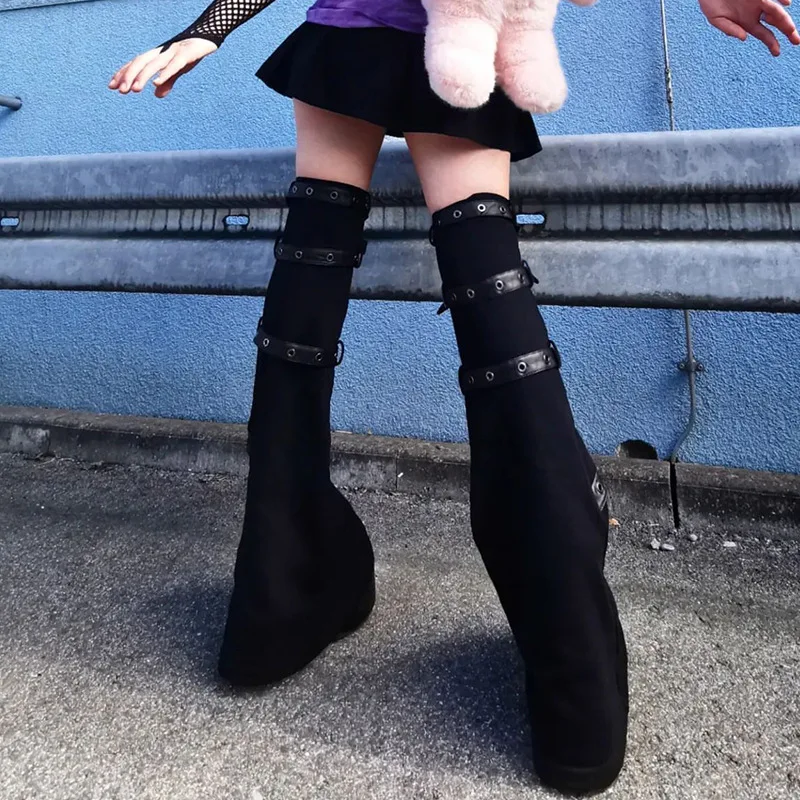 Pantalones Punk Sle Bell Bot tejidos decorativos de Metal Bule dulce fresco picante chica ojo señoras pantalones casuales doble cintura