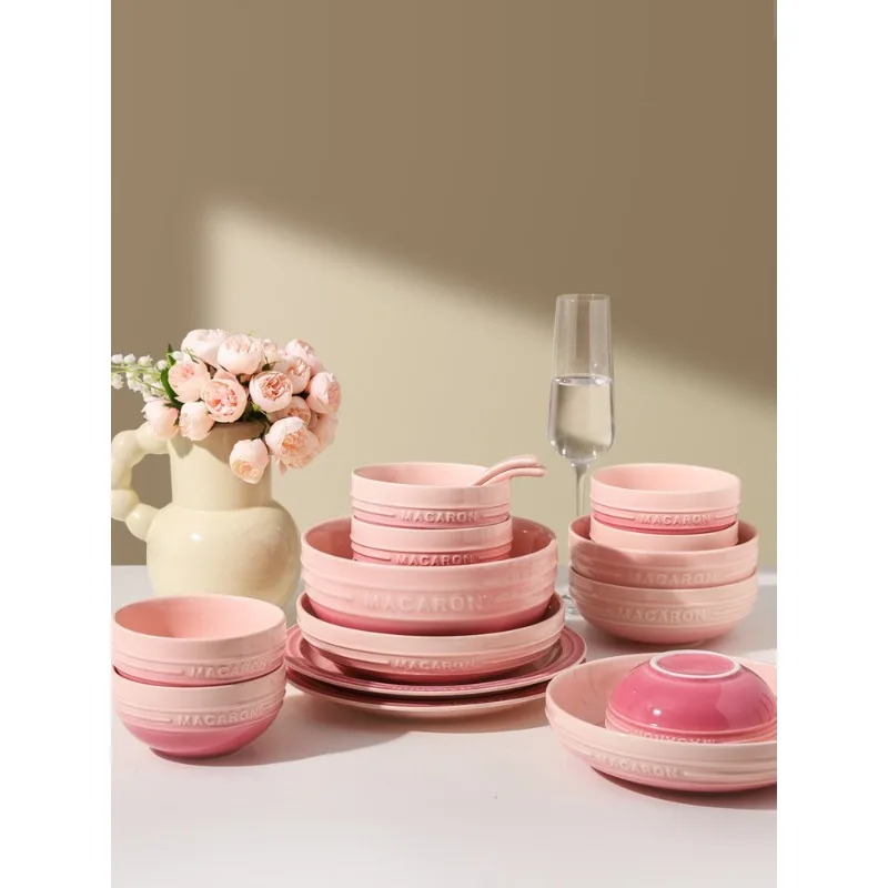 Gradual pink tableware, high sense, luxury ceramic bowl, household plate, rice bowl and soup bowl