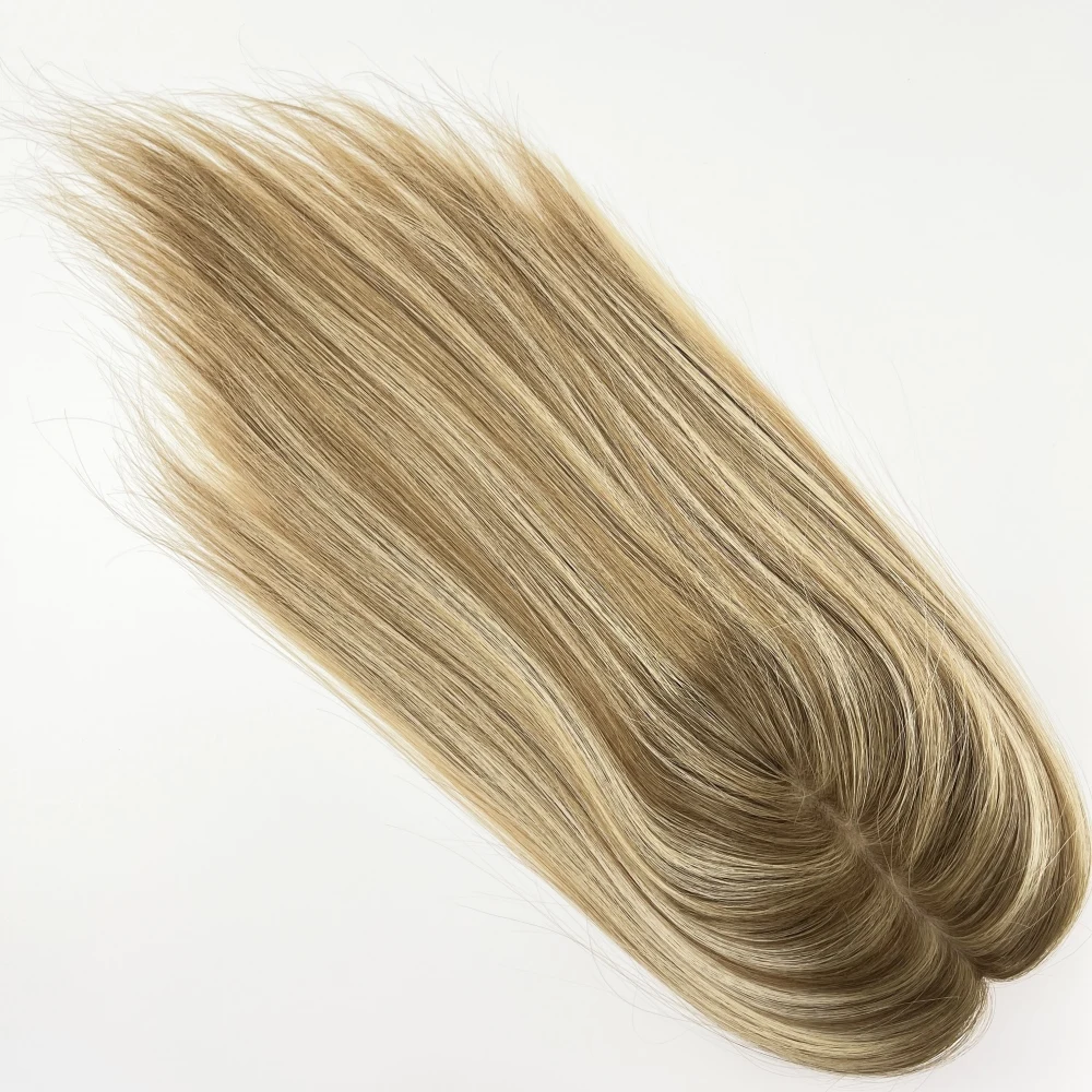 9x14cm 16inch Highlight Blonde Human Hair Cloure Silk Base Topper with Clips in Virgin European Human Hair Toupee