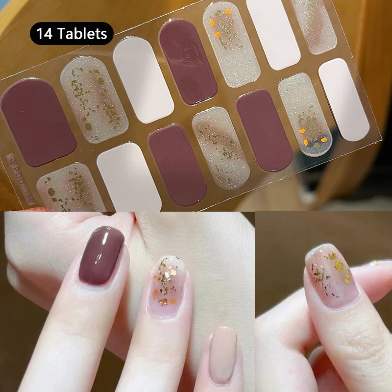 14 Strips Baking-free Nail Stickers Long-Lasting French Style Fresh Flowers In Summer Solid Color Patch Slider Full Cover Decals