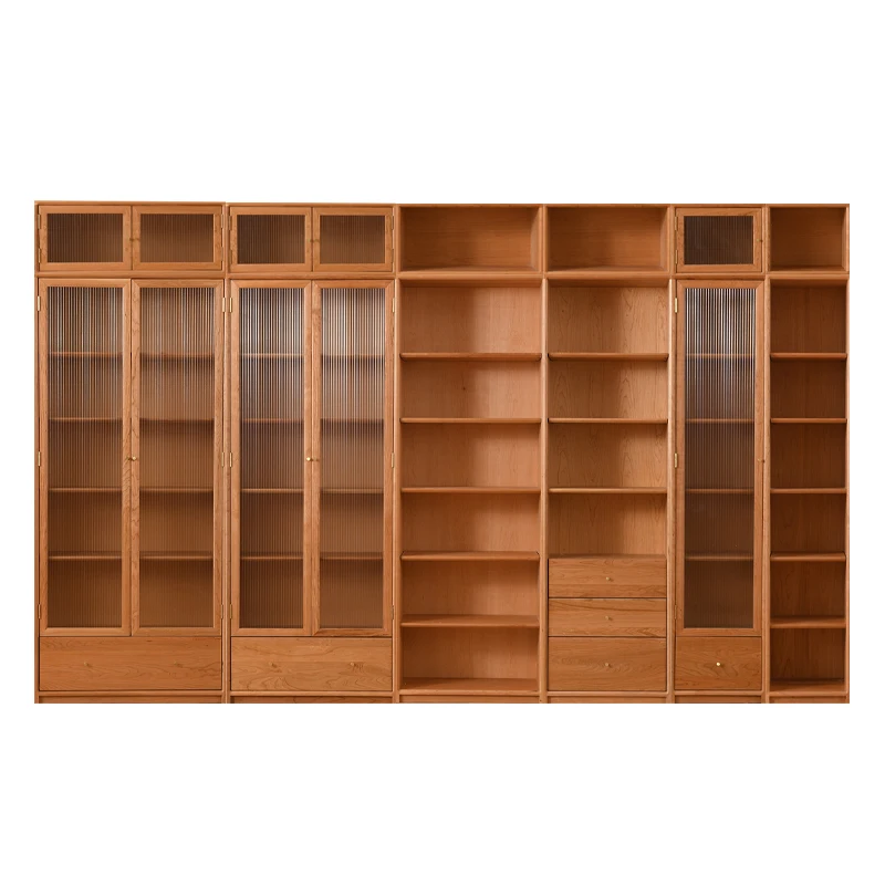 

Solid wood bookcase Japanese-style household cherry wood floor-to-ceiling bookshelf combination cabinet with glass door display
