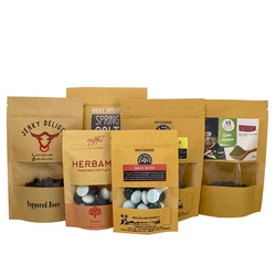 Custom Logo Craft Paper Stand Up Zipper Bags With Window Nuts Candy Fried Kraft Paper Packaging Pouch