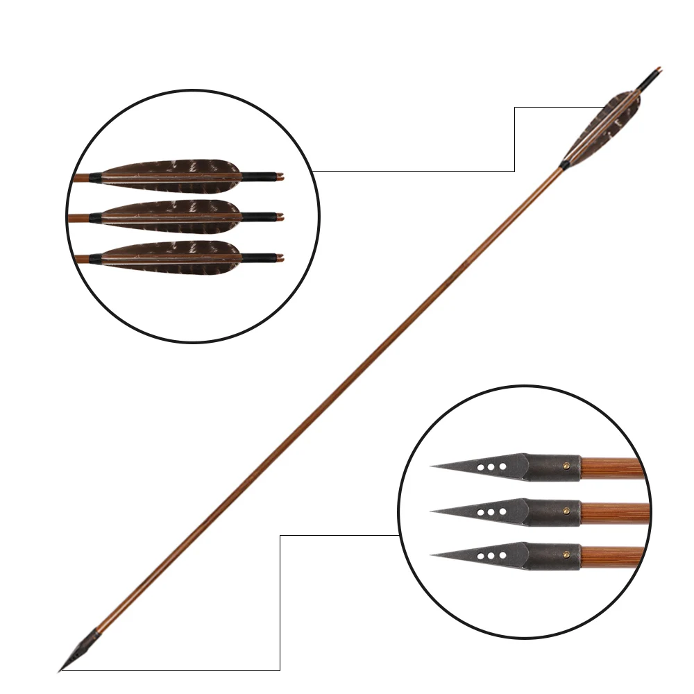 31inch Bamboo Arrows Diameter 8mm Three Hole Arrow Tips for Recurve Bow Traditional Longbow Outdoor Hunting and Shooting Supplie