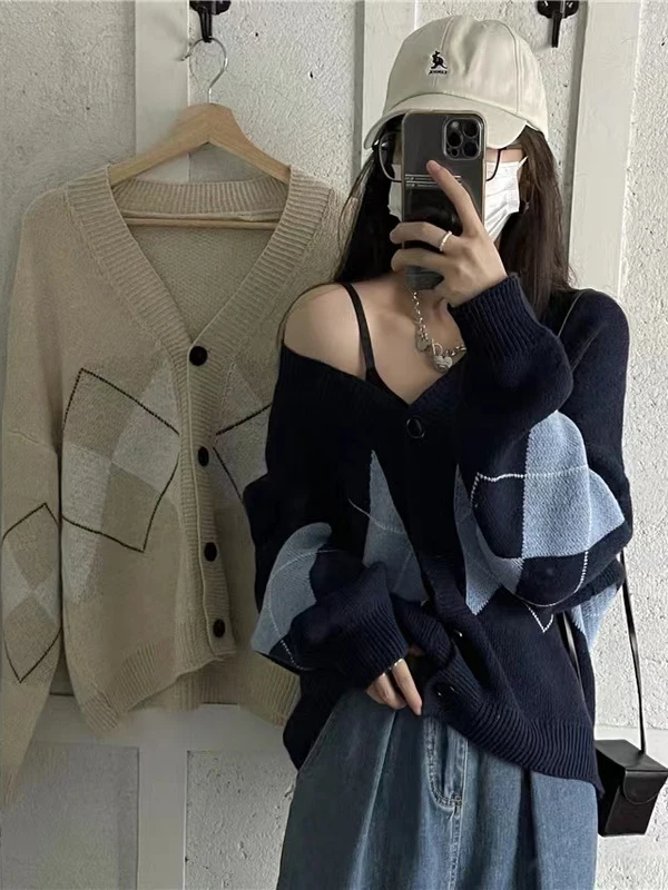 أوائل الخريف منقوشة متماسكة سترة معطف المرأة فضفاض الخامسne سترة طالب ملابس خارجية الرجعية كلية Sle طويلة Sve منتظم صالح #2