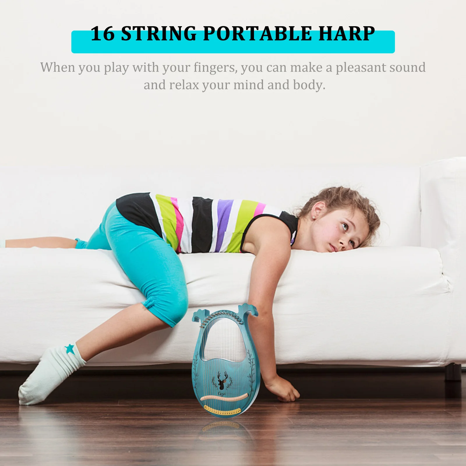 

16 String Wood Lyre Harp Handheld Portable String Instrument Smooth Durable Easy Replacement Gift Friends 3 Picks Blue
