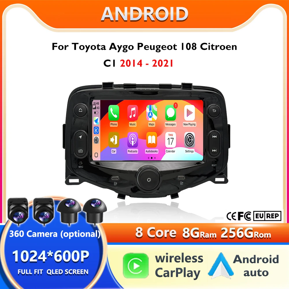 Android 16 Radio For Toyota Aygo Peugeot 108 Citroen C1 2014 - 2021 Autoradio Multimedia Player Carplay Android Auto GPS DSP DVD