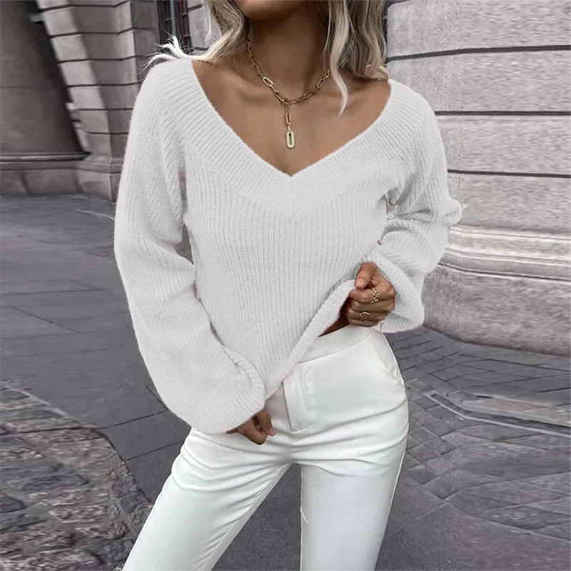 2023 European and American long sleeve pullover sweater women\'s autumn and winter new solid color versatile V-neck loose knitted