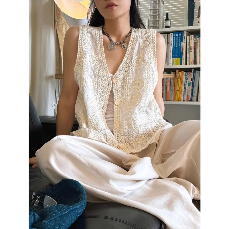 Johnature Summer New French-Style Bohemian Embroidered Hollow Vest Handmade Feel Sleeveless Top For Women