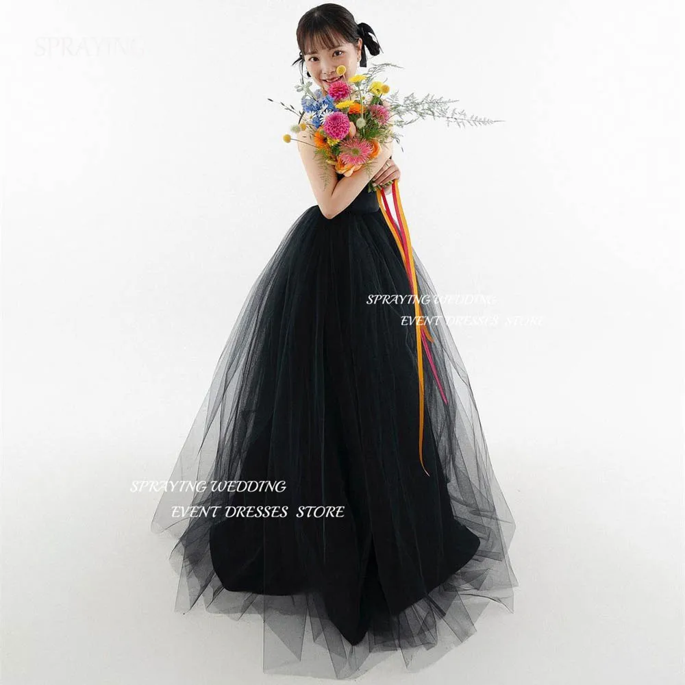 

SPRAYING Black O-Neck Sleeveless Korea Wedding Dresses Long A-line Tulle Prom Dress Photo Shoot Corset Back Puffy Skirt 웨딩드레스