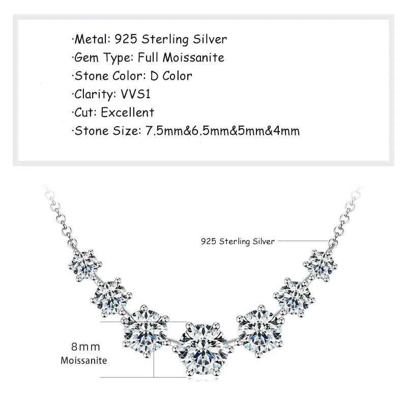 RAPRGOLD Round Cut Moissanite Smiley Curve Pendant Necklace Chains for Women Real 925 Sterling Silver Wedding Fine Jewelry Gifts