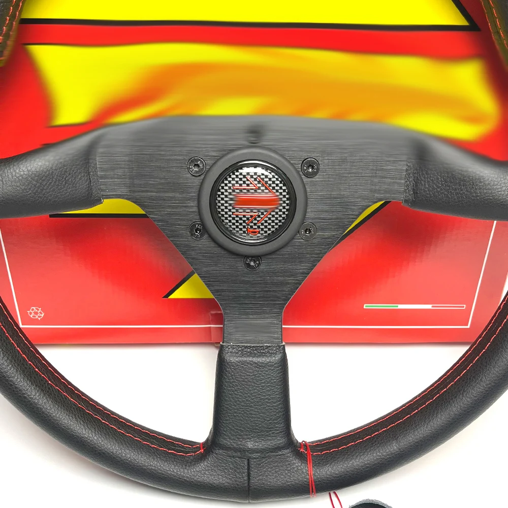 14inch/350mm For momo Italy Black Genuine Leather Drift Sport Steering Wheel red line Flat modified steering wheel