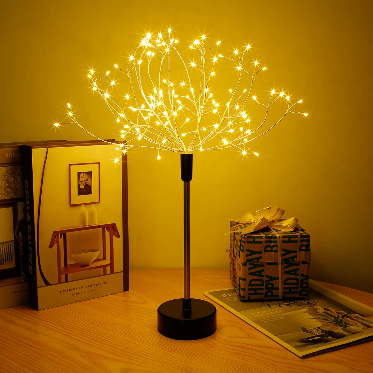 Full Sky Star Golden Leaf Willow Cherry Tree LED Night Light Mini Christmas Tree Copper Wire Garland Lamp Fairy Light For Home