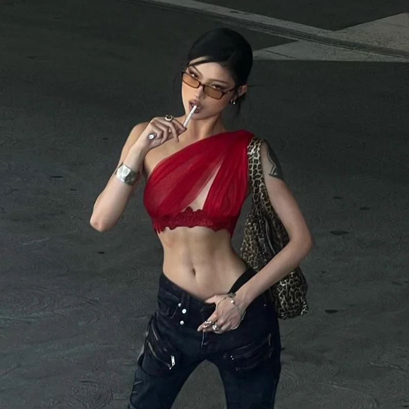 

2025 New Summer Women's Clothing Sexy Personalized Mesh Backless Hollow Slanted Shoulder Open Navel Lace T-shirt Vest