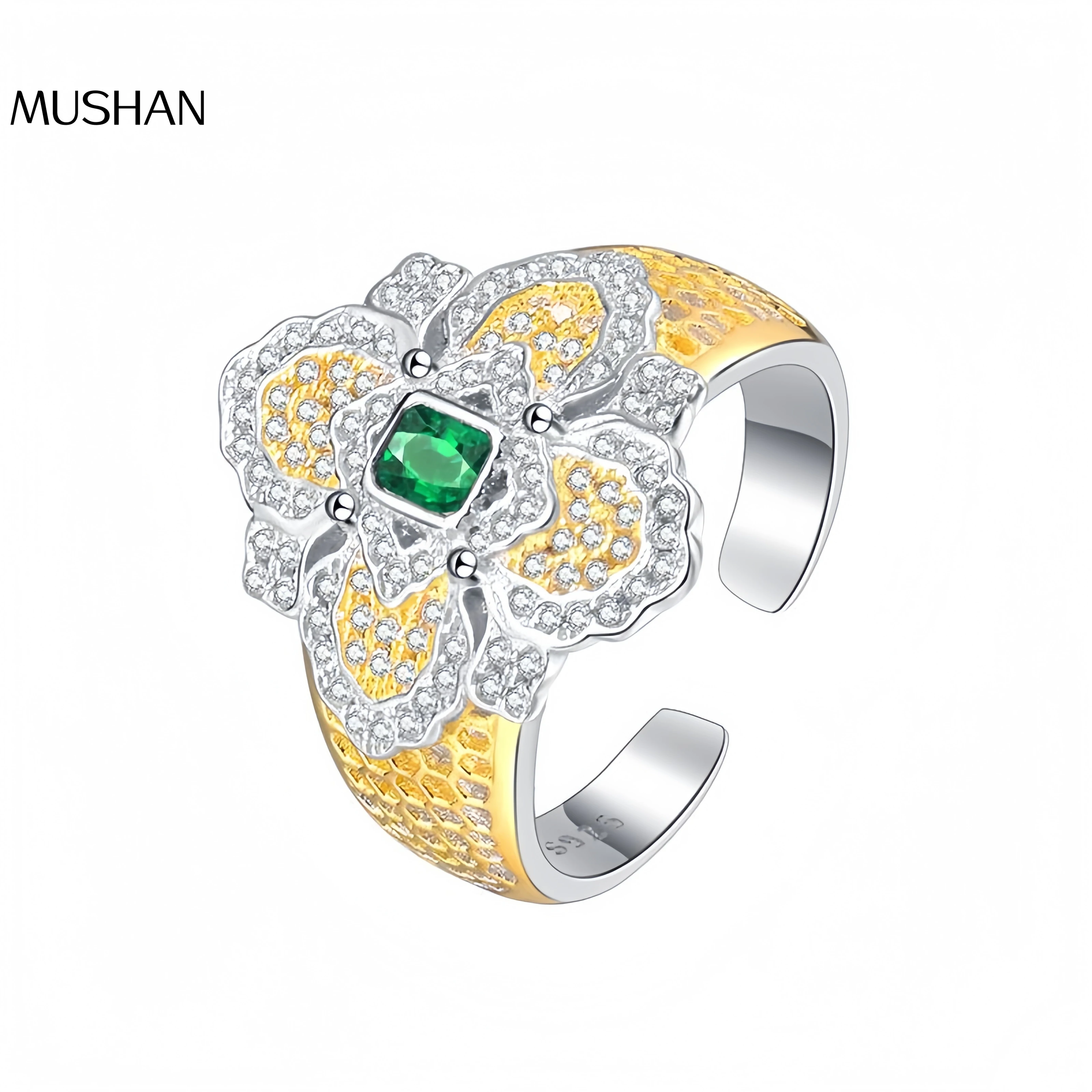 

MuShan Элитный бренд 18-каратное золотое кольцо из стерлингового серебра 925 пробы матовое золото четыре листа клевера изумрудные кольца с цирконом ювелирные изделия