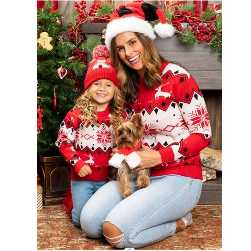 

Mommy and Me Clothes Christmas Sweaters Cartoon Cute Print Mom Daughter Matching Outfits Knitwear Warm Soft Jumpers Pullover Top