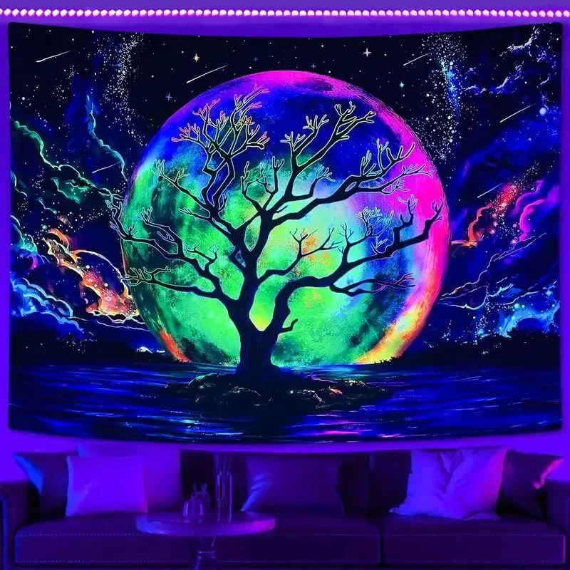 VIKAMA Brilliant Emerald Rose Lunar Orb Bare Branches Deep Space Black Light Tapestry UV Active Wall Decor Soft Durable Cozy