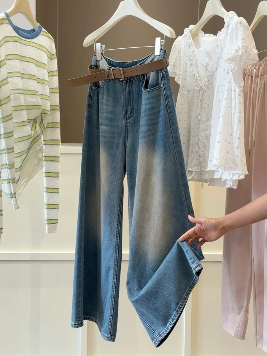 

Foamlina Women's Soft Denim Wide Leg Pants New Summer High Waist Loose-fit Straight Leg Jeans Casual Female Denim Trousers
