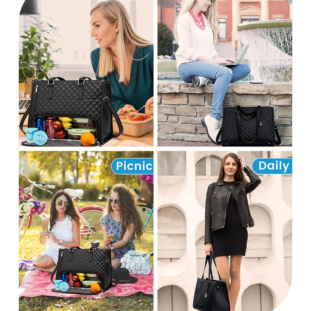 حقيبة حمل الغداء 2 في 1 للنساء حقيبة كمبيوتر محمول على الكتف بسعة كبيرة مع حجرة معزولة حقيبة نزهة متعددة الوظائف في الهواء الطلق #6