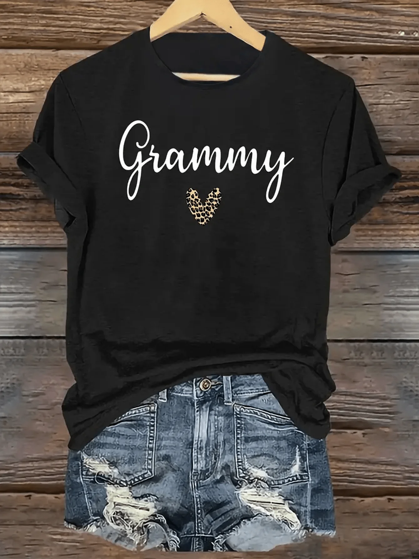 

Black Casual T-Shirt with Script Text and Leopard Print Heart Design