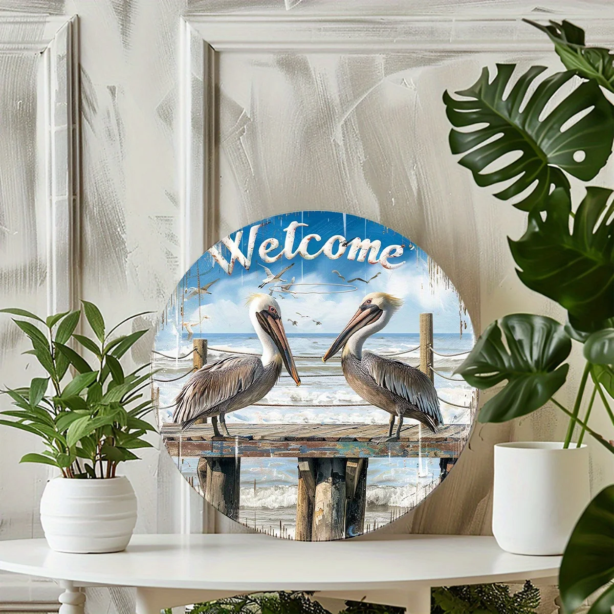 Welcome Pelicans Ocean Dock Vintage Wall Plaque 2D flat Round Metal Tin Sign Beach House Front Door Wall Decor Gift 7.87x7.87 In