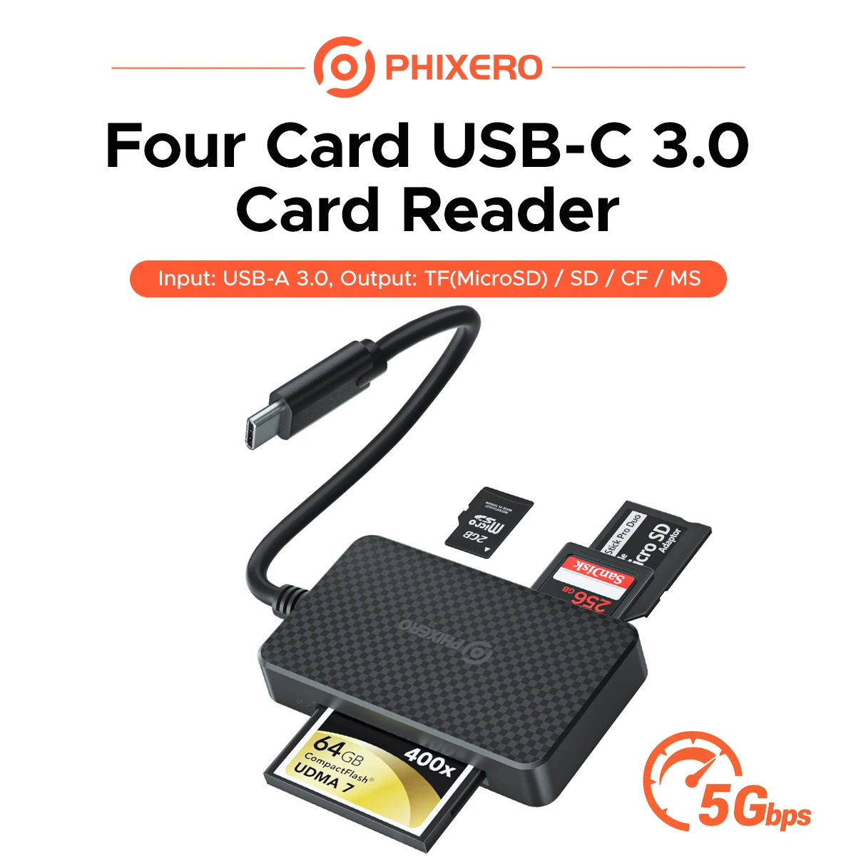PHIXERO USB C 4-in-1 Memory Card Reader 5Gbps SD TF CF MS Card Adapter for Camera Dashcam Smartphone Laptop