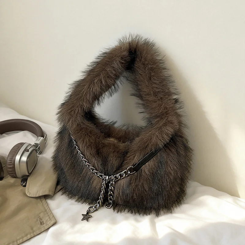 High End Texture Plush Women's Handbags European American Style Fashion Chains Casual Handbag Autumn Winter Retro Hand-Held Pack