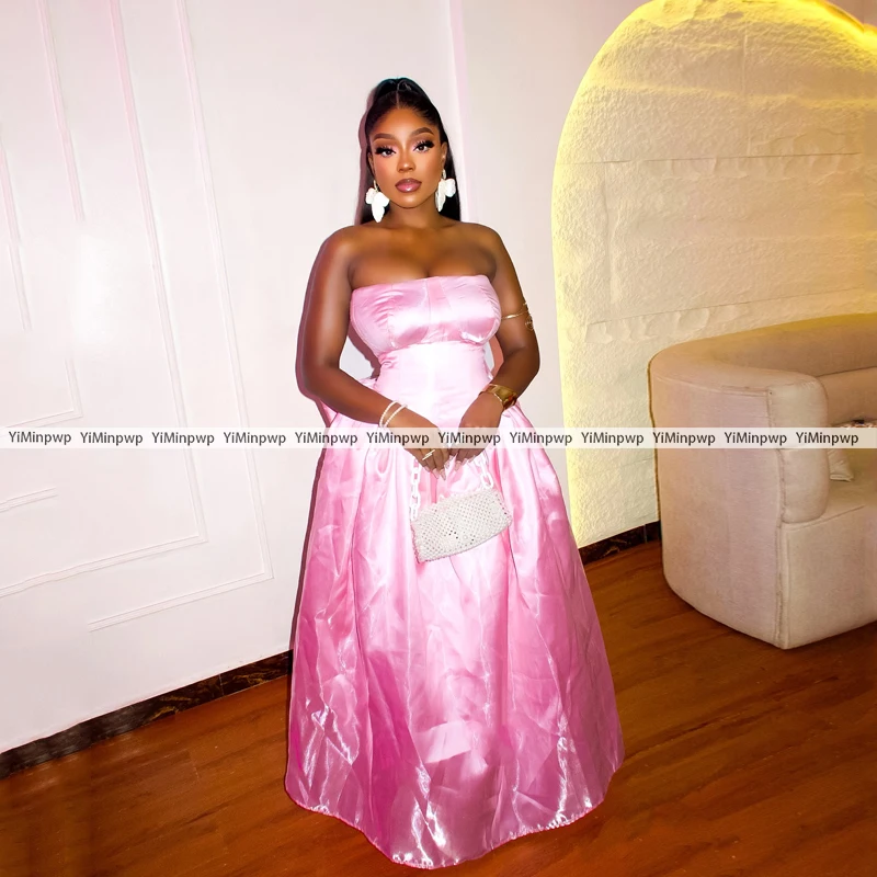 Aso Ebi Satijn Roze Elegante Bruiloft Jurk Met Strik Strapless A-lijn Verjaardag Jurken Luxe Vloerlengte Recht Op Maat