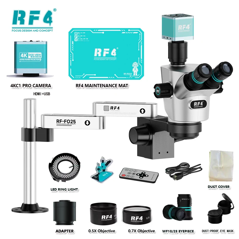 RF4 CX71P 30 ° C Ergonomisches Stereo-Trinokularmikroskop, 4K-Kamera, 6,5–65 x Telefon, Löten, PCB-Reparaturklemme, klappbarer Verlängerungstyp
