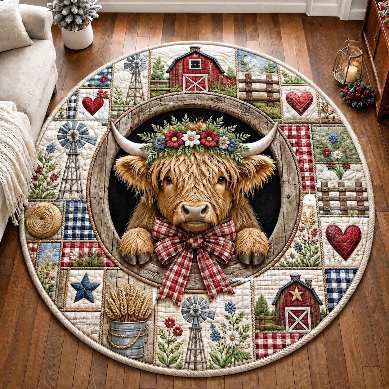 Merry Christmas Round Rug Dizziness Visual Art Carpet Santa Claus Cattle Print New Year Christmas Gift Hallway Decor Nonslip Rug