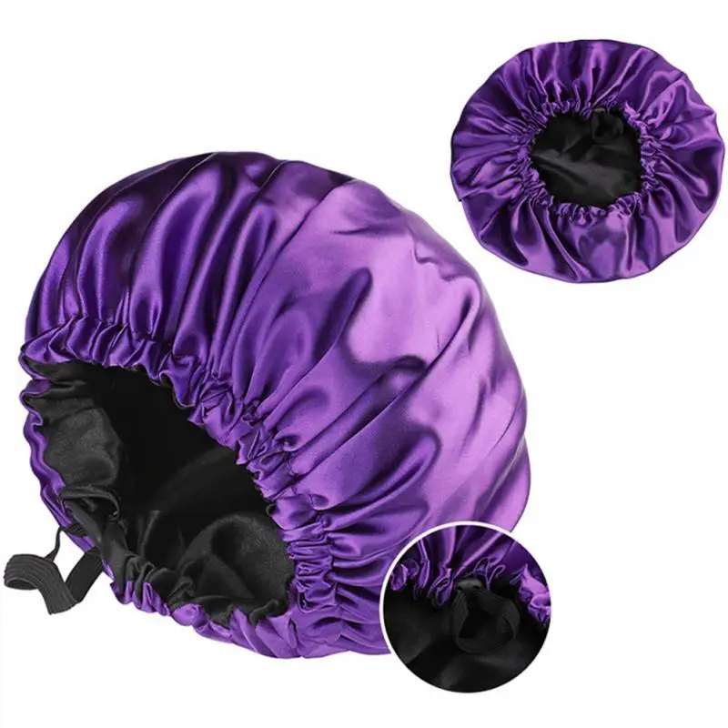 Adjustable Double Layer Satin Bonnet Nightcap Doubleside Women Round Shower Caps Night Sleep Polyester Hat Solid Black Lining