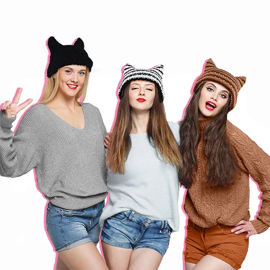 Crochet Hats for Women Cat Beanie Vintage Beanies Women Fox Hat Knitted Stripe  Accessories Slouchy Beanies for Women