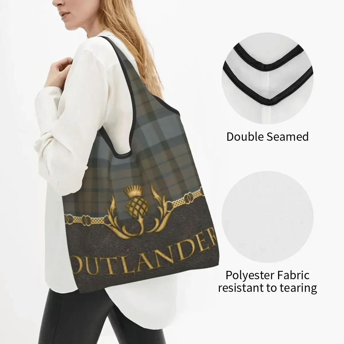 Reusable Leather And Tartan Outlander Pattern Shopping Bag Tote  Portable Modern Plaid Check Texture Groceries Shopper s