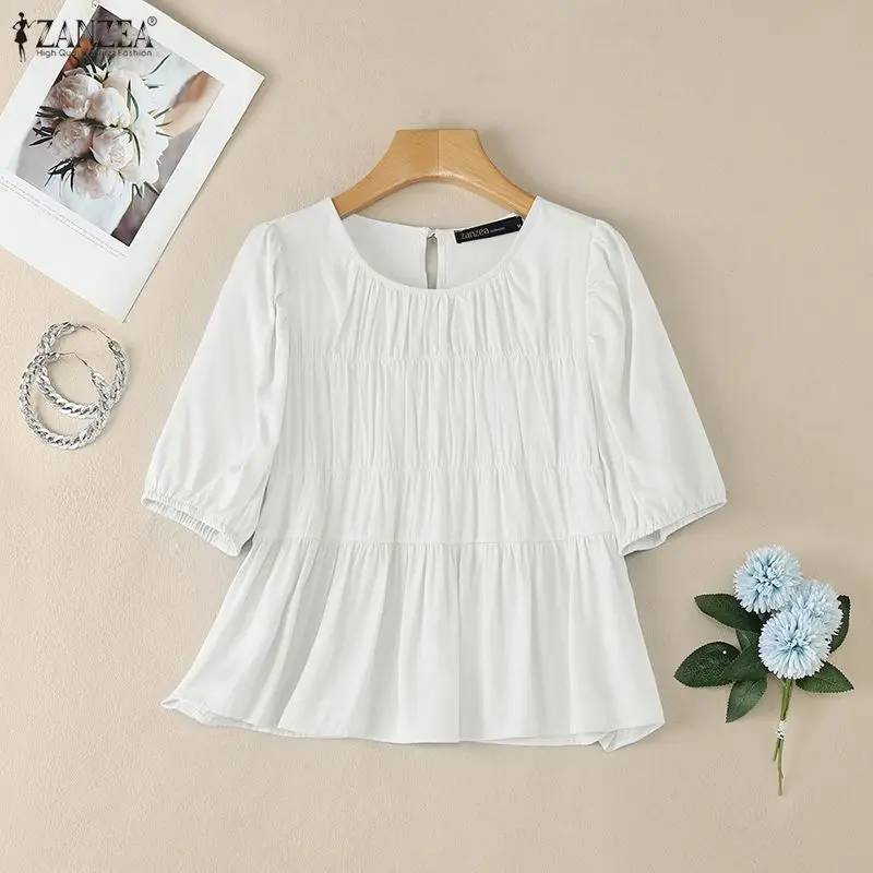 

Женские элегантные блузки ZANZEA с короткими рукавами, круглым вырезом, рукавами-фонариками и рюшами по низу, летние повседневные однотонные блузы