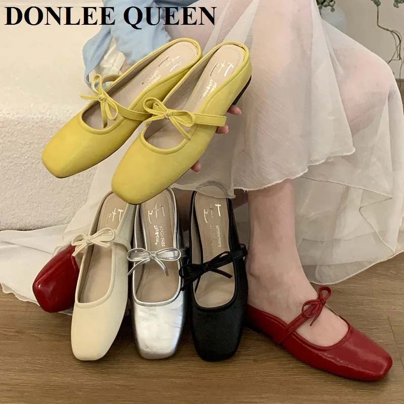 

2025 Spring Mule Shoes Women Flat Heel Slide Slipper New Brand Shallow Bow Knot Mary Jane Casual Loafer Flip Flops Slip On Mujer
