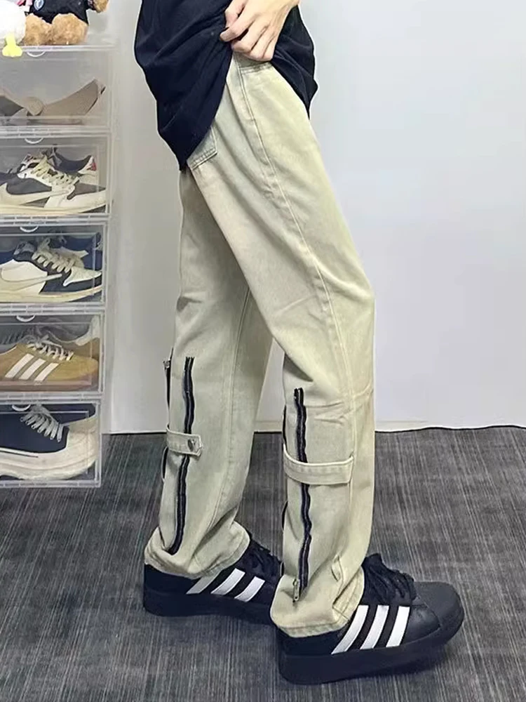 

Slimming Straight Leg Yellow Mud Jeans Men's Faionable American Vibe Zipper Design Cotton Polyester Blend Wear Resistant